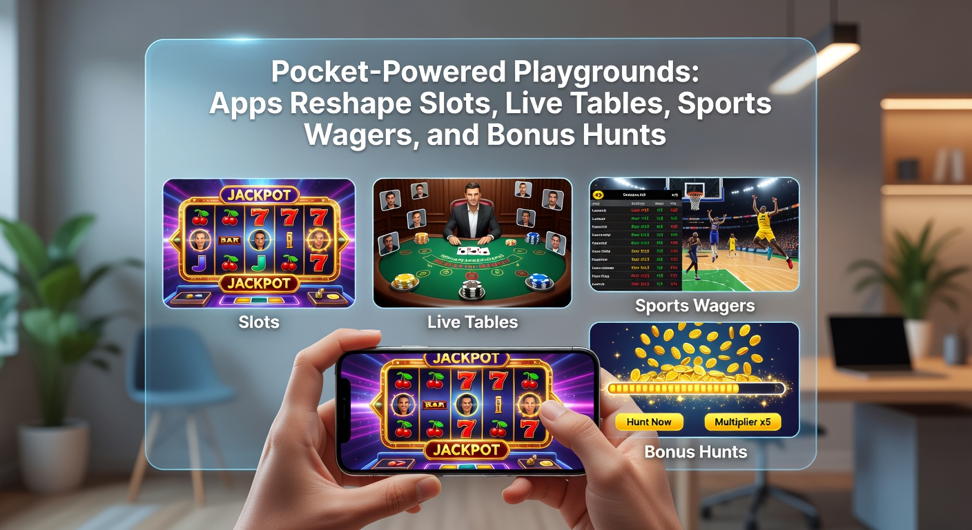 Smartphone mit Casino-App im Vordergrund, das Slots und Live-Tische auf dem Bildschirm zeigt, umgeben von dynamischen Grafiken von Sportwetten und Boni