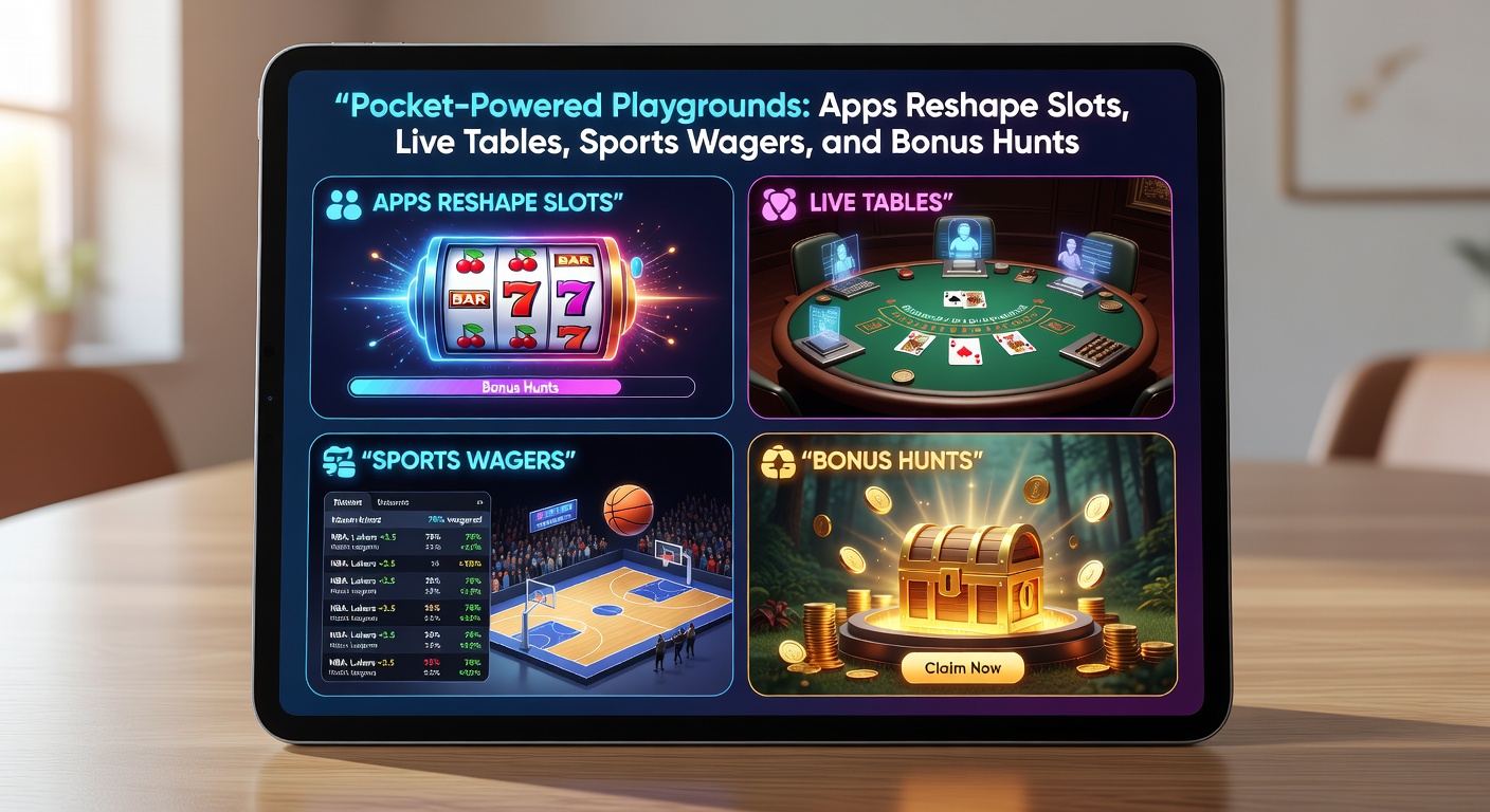Dynamische Darstellung einer Casino-App mit Sportwetten-Overlay, Bonus-Hunt-Symbolen und Live-Tisch-Streams auf einem Smartphone, beleuchtet von neonfarbenen Effekten
