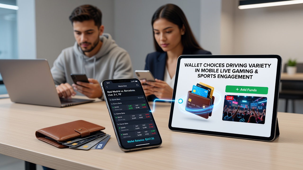 Mobile App-Oberfläche mit Wallet-Auswahl und Live-Sportwetten-Optionen